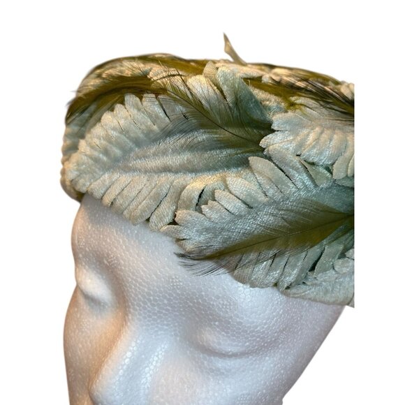 Vintage Union Made USA Feather Pillbox Hat Green 1950s 60s Turban Style Church